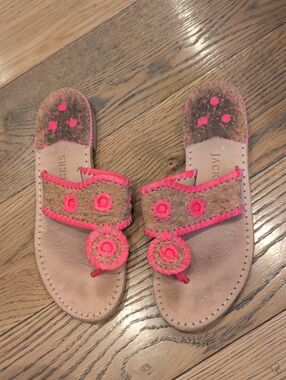 Jack Rogers Cork Slide Sandals with Neon Pink Floral Stitching
